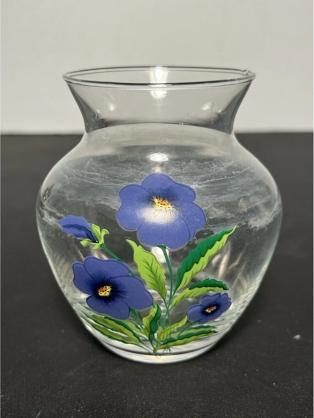Vintage 1980s Clear Glass Blue Pansy Floral Posy Bud Vase, 2.75x4.5”